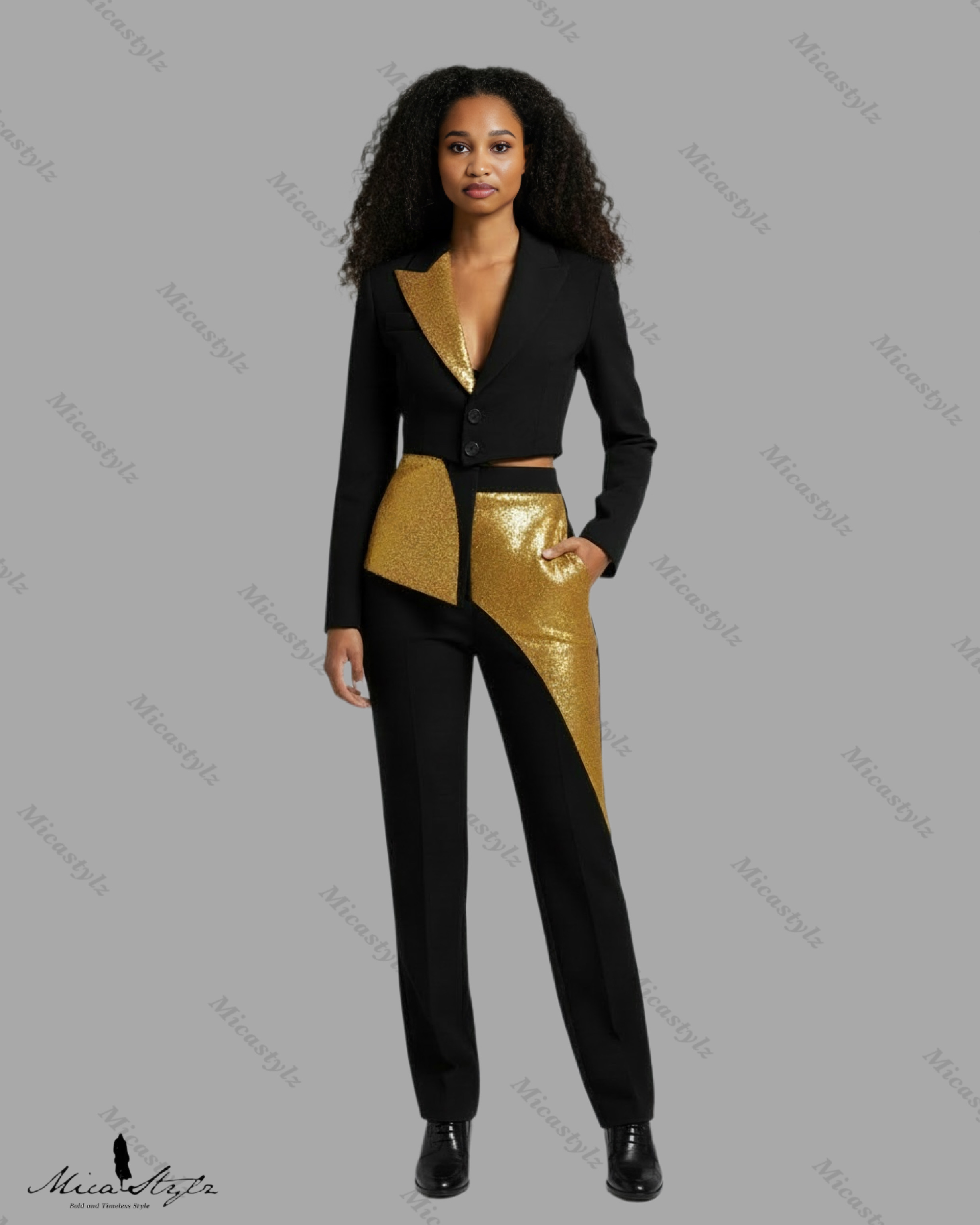 Ms-P48: Graphic High-Waisted Tuxedo Trousers